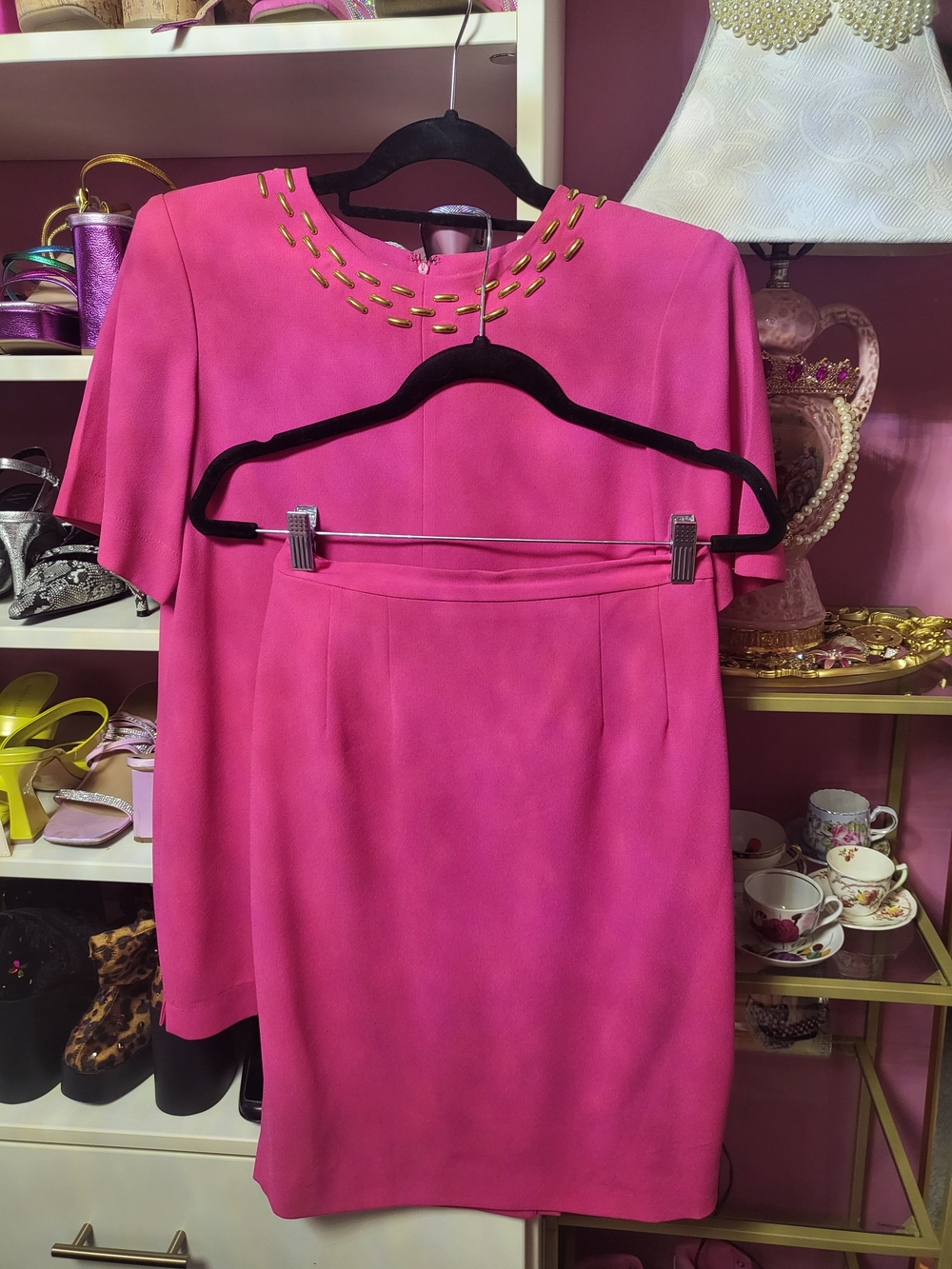 Vintage Pink Two-Piece Skirt Set with Studded Neckline